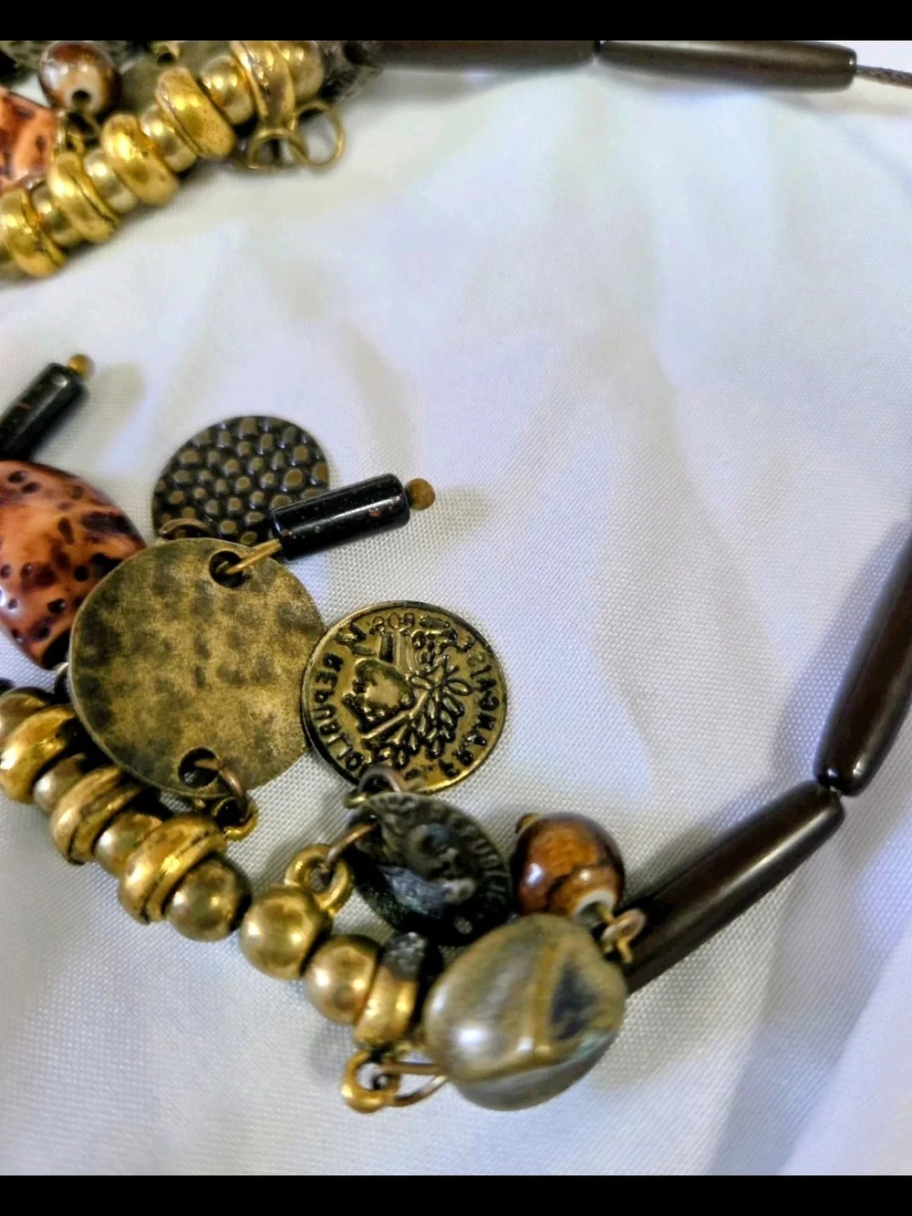 Artisan Layered Bead and Charm Necklace in Olive and Brown